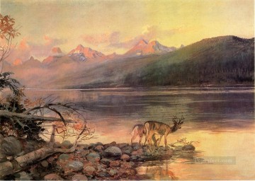 Cerf œuvres - Cerf au lac McDonald paysage ouest américain Charles Marion Russell